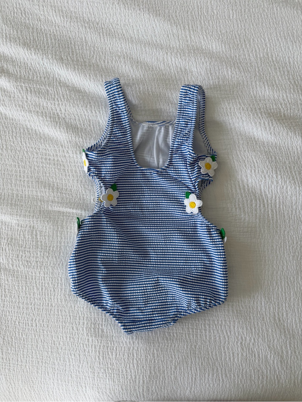 Florence Eiseman Blue & White Striped One-Piece Swimsuit with Daisy Appliqués - Picture 2 of 3